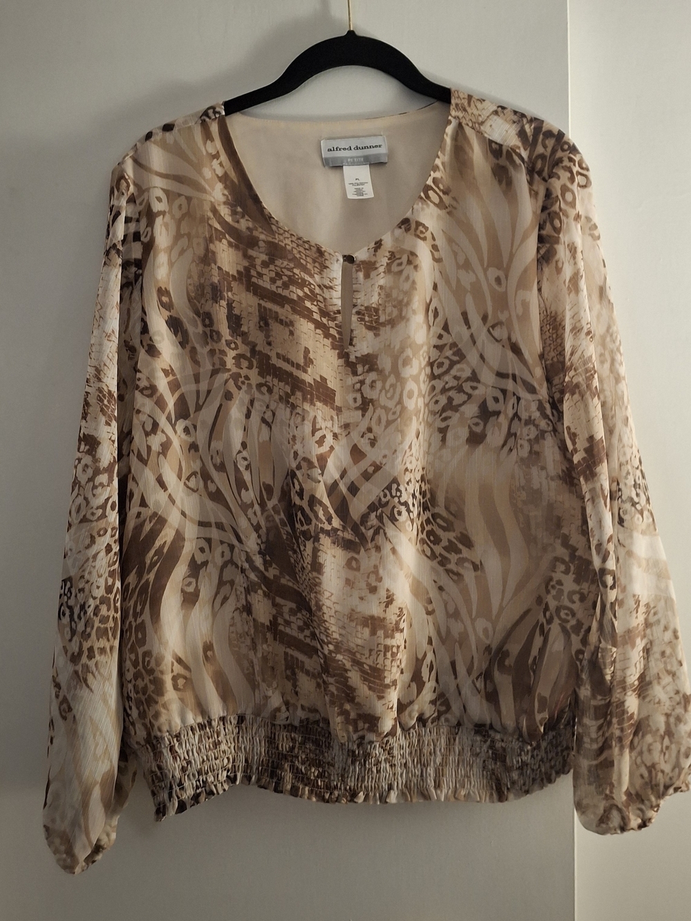 Alfred Dunner Women's Cream and Brown Sheer Sleeve Printed Blouse